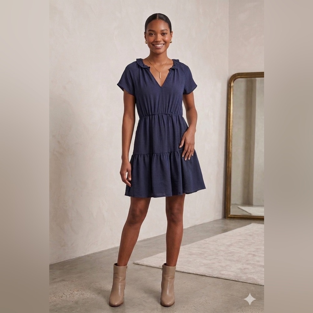 Zoey & Leelo Navy Blue Ruffled Tiered Mini Dress, Size Small